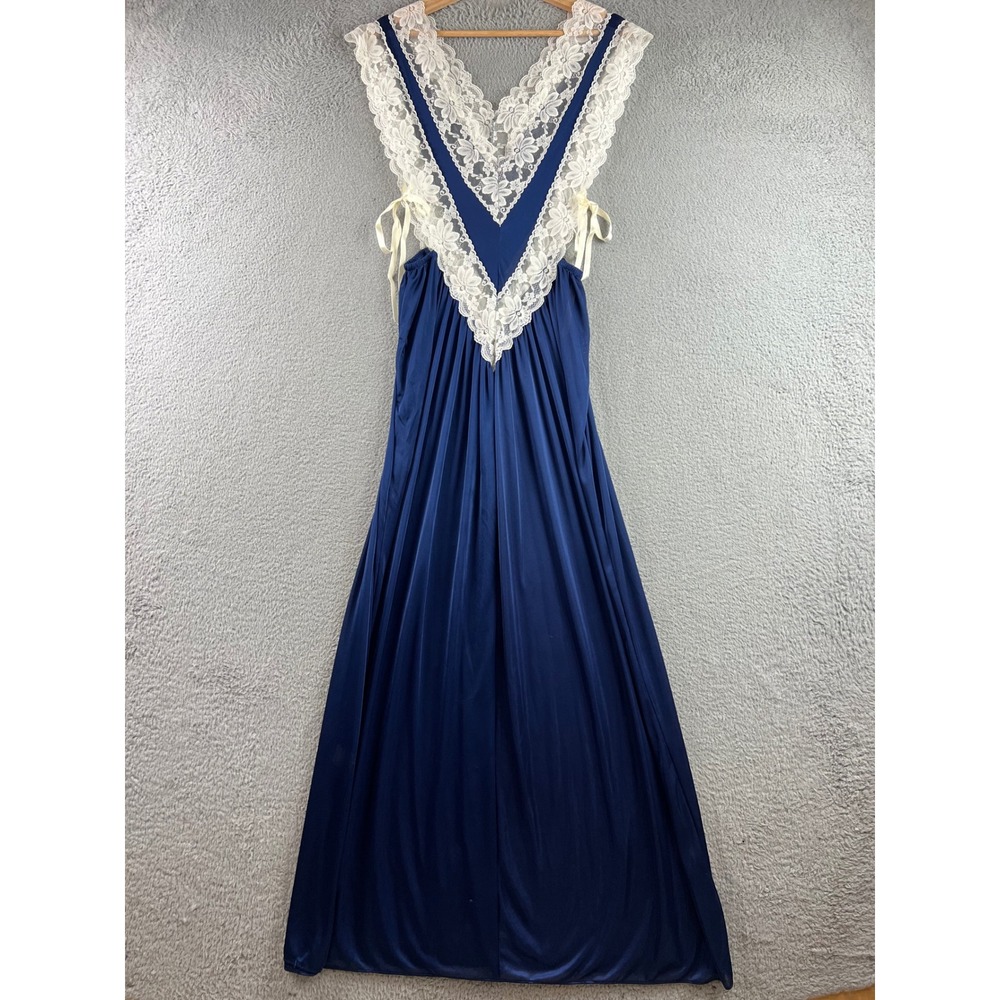 Vtg 70s Lady Cameo Dallas Blue Lace Trim Maxi Nightgown Ribbon Lingerie Dress